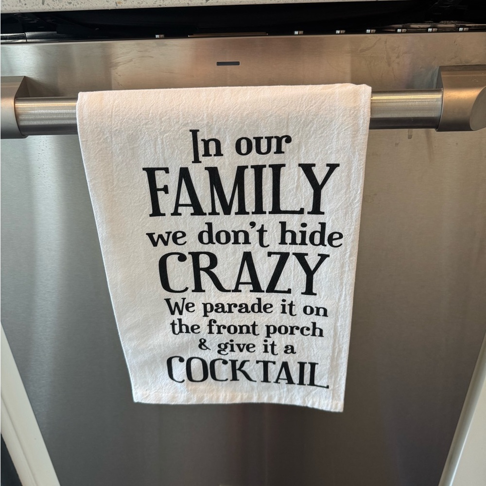 White Kitchen Towel with Black Text